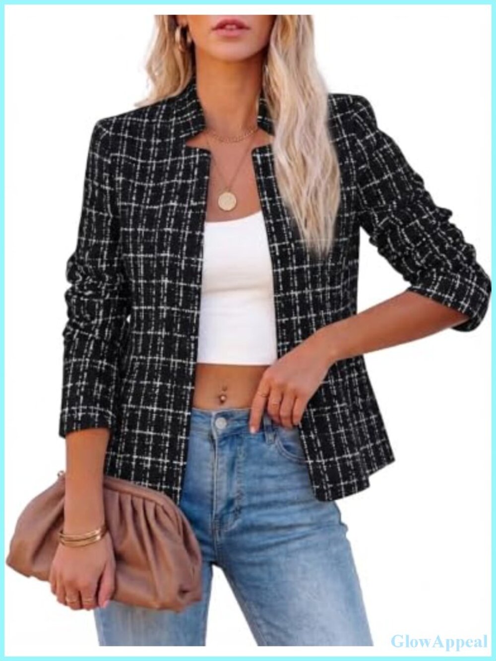 Tweed Plaid Blazer Notch Collar Fitted Business Casual Women's Suit Jacket